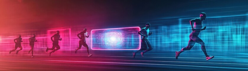Obraz premium Runners in neon race, holographic finish line, futuristic urban landscape