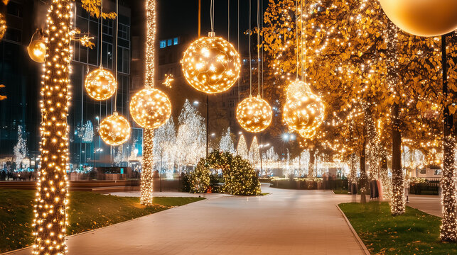 A vibrant walkway is illuminated by glowing ornaments and twinkling lights, creating a festive atmosphere in winter