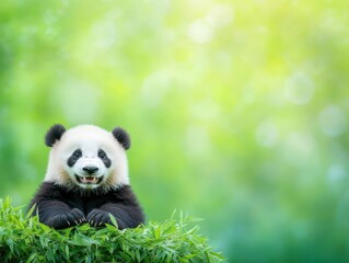 Fototapeta premium Panda, playful joy, bamboo forest, warm green tones, relaxed happiness