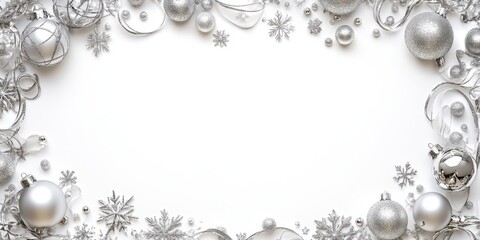 Delicate silver snowflakes and shimmering ornaments surround a pristine white space, inviting imaginative holiday designs and festive messages.
