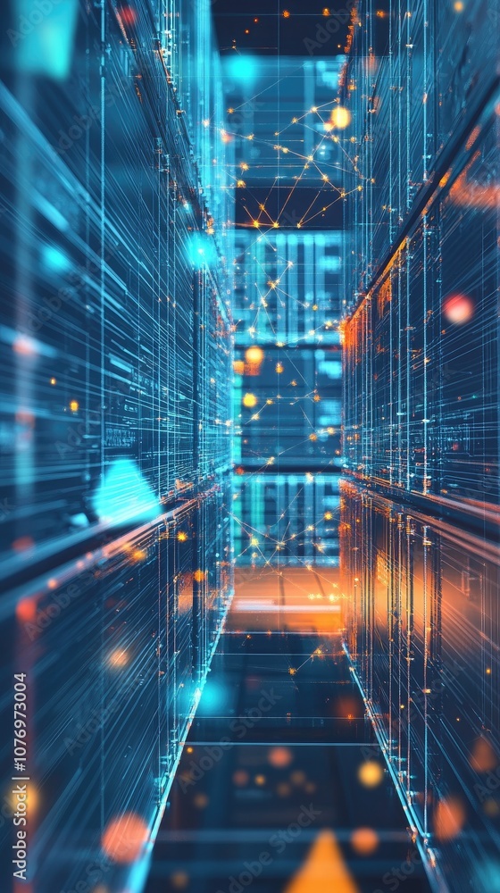 Poster futuristic digital corridor with vibrant lights and geometric patterns, representing advanced techno