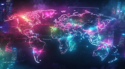 Obraz premium Neon World Map Over a Futuristic City Skyline
