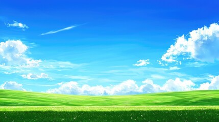 Vibrant grassy field under a clear blue sky with fluffy white clouds, perfect for nature-themed projects.