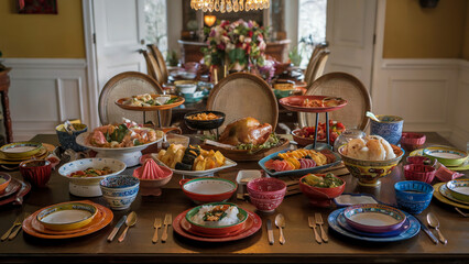 A dining room table set for a meal with colorful dishware, traditional serving platters, and foods from diverse cultures, creating a scene of family togetherness.