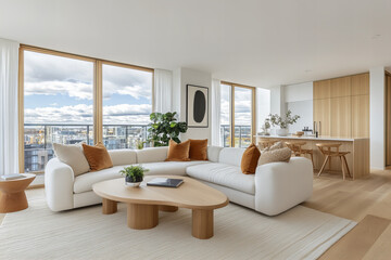 Fototapeta premium Bright Living Room with Modern Furniture, Sunlit Windows, and Indoor Plants for Stylish Home Decor and Interior Inspiration