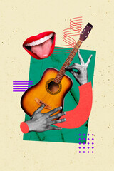 Vertical photo collage of happy faceless mouth smile hands hold retro acoustic guitar instrument...