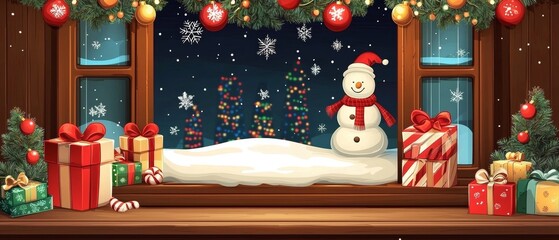 Festive window scene with cheerful snowman, colorful presents, twinkling lights, snowflakes, evoking holiday warmth.