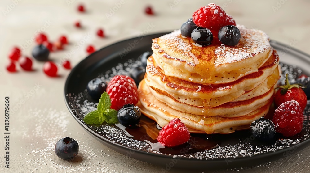Poster a cheese pancake topped with fruits and honey presented on a pristine dark dish a close shot with ro