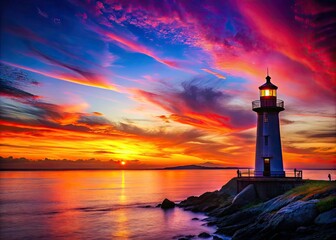 Fototapeta premium Stunning Sunset Lighthouse Scenic View with Vibrant Colors and Tranquil Ocean - Perfect for Nature Lovers and Coastal Photography Enthusiasts
