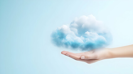 Hand reaching for a cloud, symbolizing hope and dreams against the vast blue sky