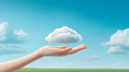 Hand reaching for a cloud, symbolizing hope and dreams against the vast blue sky