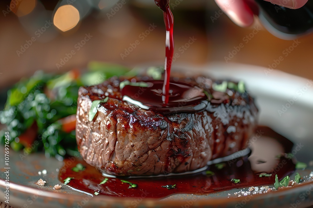 Poster a close shot of a grilled fillet is placed on a spotless dark dish with plenty of space for text use