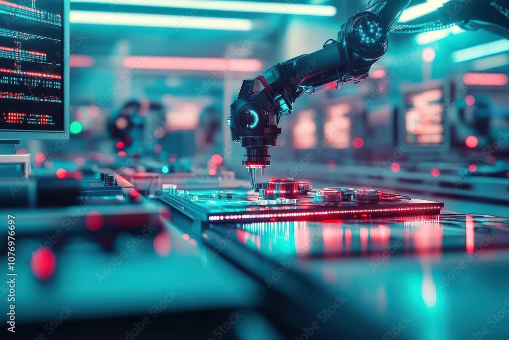 Aufkleber assembly line with robotic precision arms, engineer monitoring from control room, cyberpunk neon hue