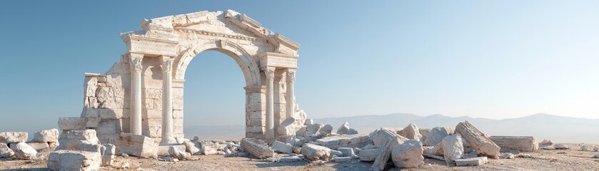 Obraz premium Classical arch ruins with weathered columns and fallen stones, archaeological site depiction