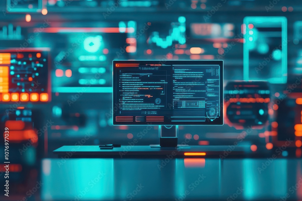 Aufkleber ai assistant, processing endless holograms, sleek virtual office, neon tech interfaces