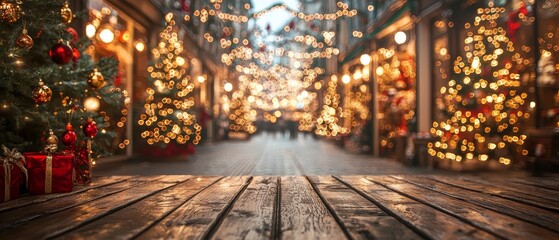 Obraz premium Wooden table with rustic decor, Christmas tree adorned with lights, ornaments, tinsel in background, warm holiday ambiance.