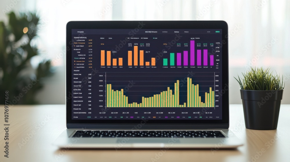 Poster a laptop displays colorful bar graphs and charts, showcasing data analysis and statistics, with a sm
