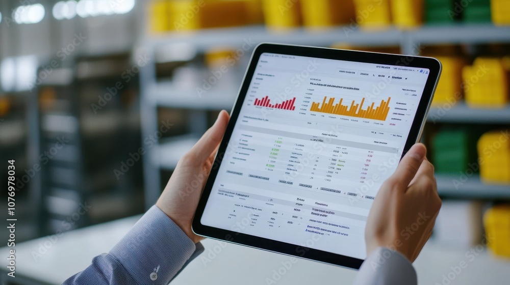 Poster A person holds a tablet displaying data analytics, with graphs and metrics, in a warehouse environment filled with colorful storage bins.