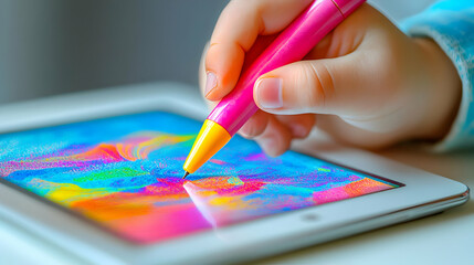 Naklejka premium 3D Macro Image Child's Hand Digital Pen Interactive Learning Tablet Close Up Technology Education Family Engagement Innovative Learning Tools Icon