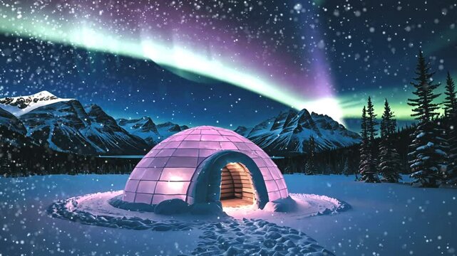 A cozy igloo sits under the vibrant glow of the aurora borealis, nestled among snow-covered mountains.