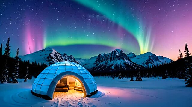 A cozy igloo illuminated by the aurora borealis in a snowy landscape.