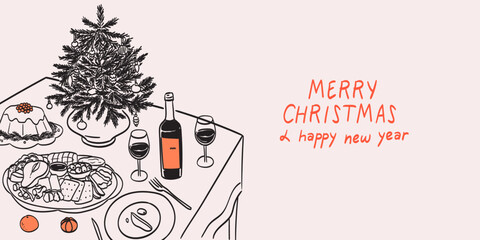 Vector illustrations for new year celebration greeting or family dinner invitation. Modern horizontal poster placard with ink minimal line food and drinks. Christmas dinner table chalk crayon drawing.