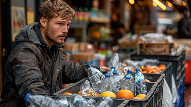 Young man placing a water bottle in a crate at a bustling market during the day