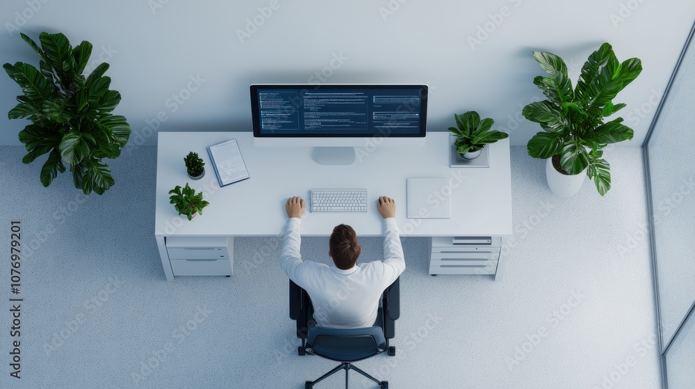 Aufkleber a professional workspace featuring a person sitting at a modern desk with plants, focused on a compu