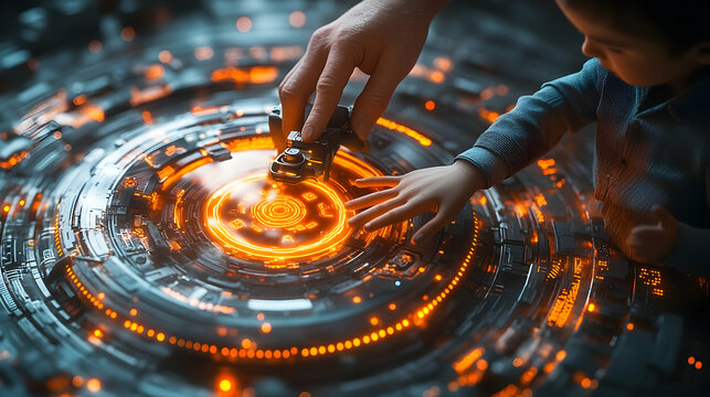 3D Macro Shot Parent Teaching Child Holographic Drone Controller Close Up Image Parent Guiding Child Futuristic Details Emphasizing Bonding Adventure Exploration Ideal for Drone Tech Gadgets Family Ex