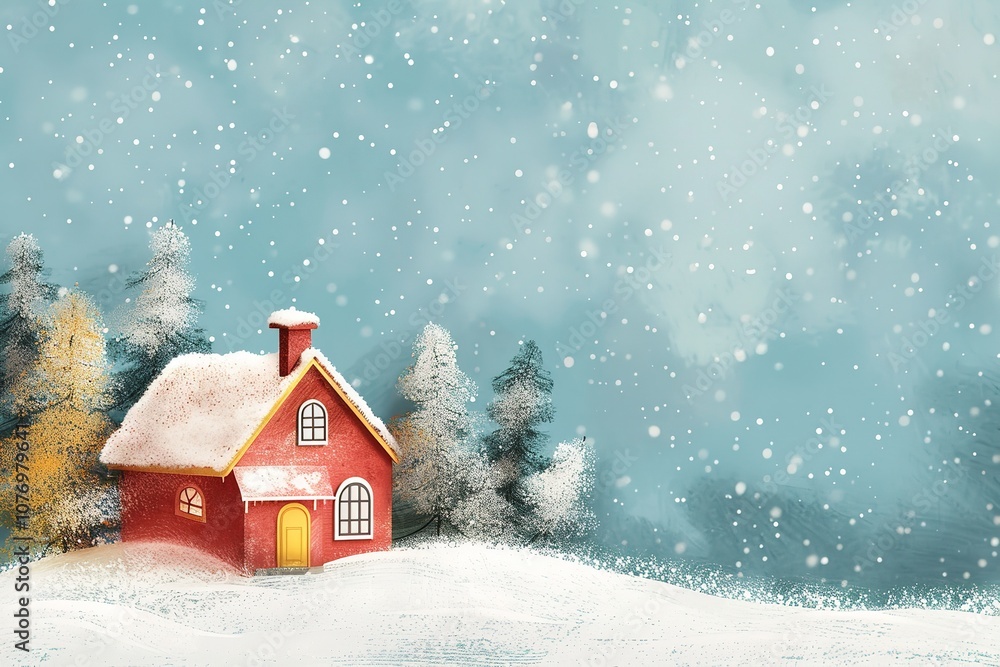 Poster an up-close view of a toy house and a drawn manually vector artwork of christmas featuring snow on a