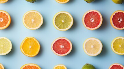 A Pattern of Citrus Fruit Halves on a Light Blue Background