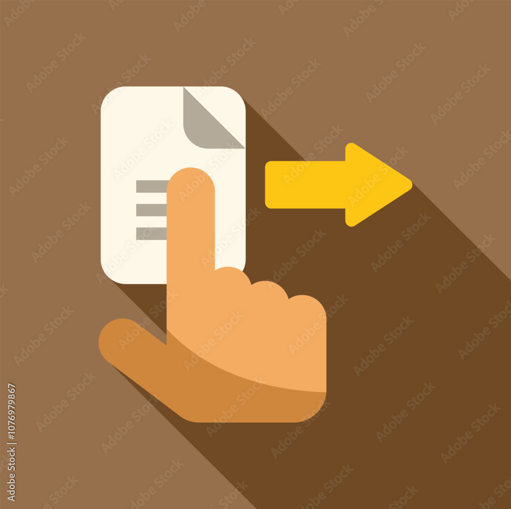 Poster hand swiping on document with arrow, sending or sharing file concept, flat design with long shadow
