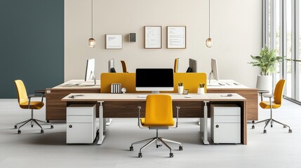 A modern office space featuring a shared workstation with yellow chairs, minimalist decor, and natural light, promoting productivity and collaboration.