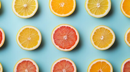 Fototapeta premium Citrus Fruit Halves in a Pattern on a Blue Background