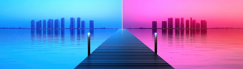 Obraz premium Vibrant waterfront scene with colorful reflections and modern skyline, creating a serene and dreamlike atmosphere.