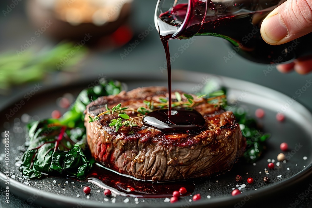 Poster a close shot of a grilled fillet is placed on a spotless dark dish with plenty of space for text use