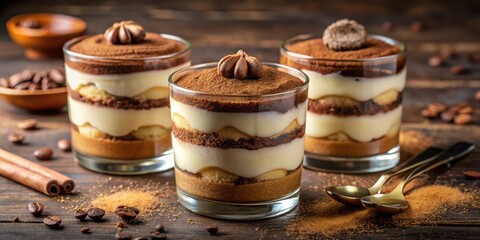 Fototapeta premium Three decadent layers of creamy dessert in glass cups, dusted with cocoa powder and adorned with decorative toppings, nestled on a rustic wood surface, surrounded by coffee beans and cinnamon sticks.