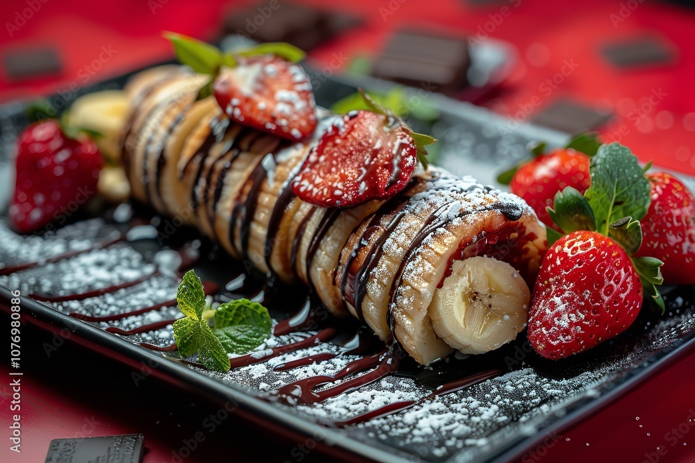 Poster a close-up of fresh strawberries served with powdered sugar on a black dish against a red backdrop s