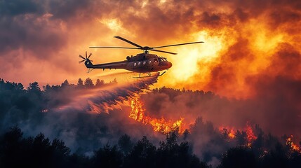 Fototapeta premium A helicopter drops water on a raging wildfire, assisting efforts to extinguish the flames