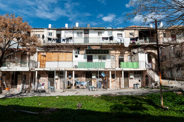 Apartment complex in an observant section of the Nachla'ot neighborhood of Jerusalem, Israel.
