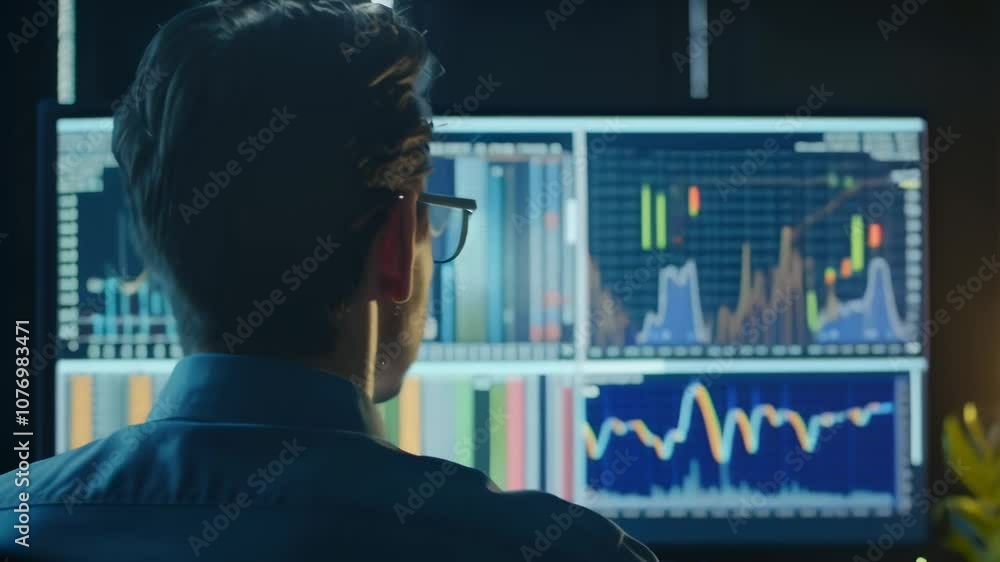 Poster Young stock trader is working late at night, analyzing cryptocurrency market data and charts displayed on multiple computer screens, making investment decisions in dimly lit office