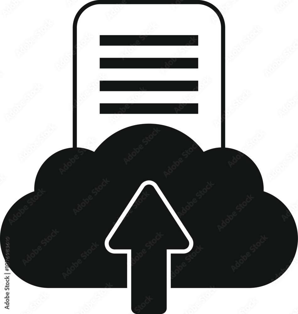 Poster simple black icon depicting a document being uploaded to a cloud server, symbolizing data storage an