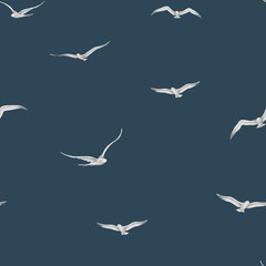 Obraz premium Bird seamless watercolor Pattern. Backdrop with flying seagulls and doves on dark background for textile design or web banner. Ornament for wrapping paper or bed linen. Hand drawn backdrop.