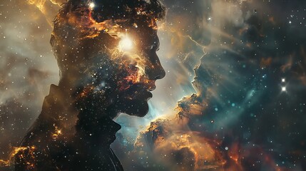 Fototapeta premium A man's silhouette is superimposed over a vibrant nebula, creating a stunning, cosmic portrait.