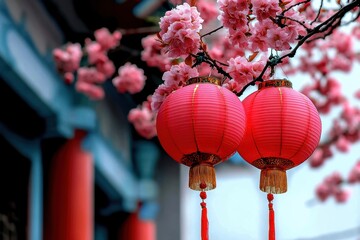 Obraz premium Vibrant red lanterns hanging among pink cherry blossoms, symbolizing festive beauty and cultural significance.