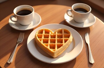 A cozy breakfast scene featuring a heart-shaped waffle on a white plate, accompanied by two cups of black coffee on a wooden table, bathed in warm sunlight, creating an inviting atmosphere.