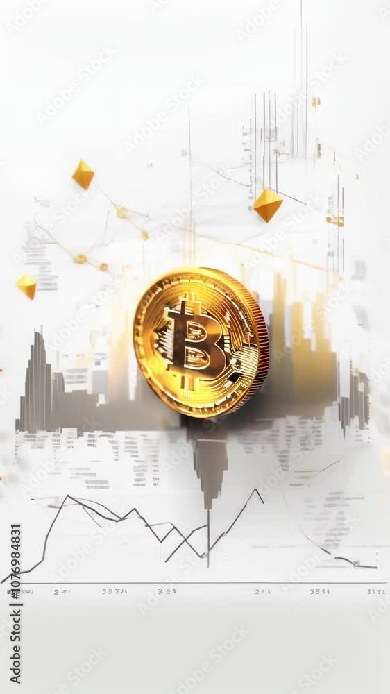 Poster golden bitcoin is floating over financial charts, lines, and data points, representing cryptocurrenc