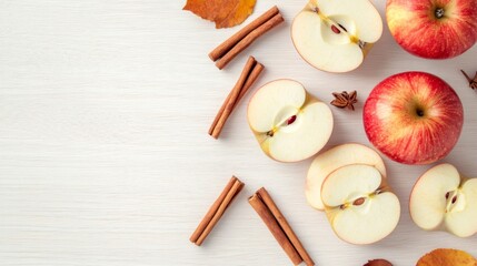Apples, Cinnamon Sticks, and Star Anise on White Wooden Background