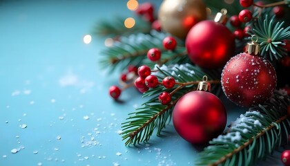 Obraz premium Christmas garland cherry red and sparkling gold baubles and pinecones on a snowy light blue background with copy space 