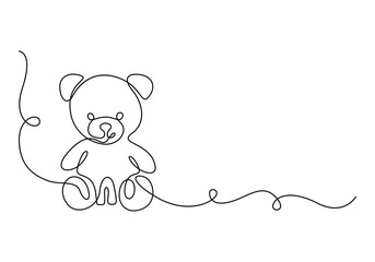 Fototapeta premium Continuous one line drawing lovely teddy bear toy. Nice and cute teddy bear plush toy. Stuffed teddy bear sitting on floor. Little teddy bear character. Dynamic one line drawing. Vector illustration